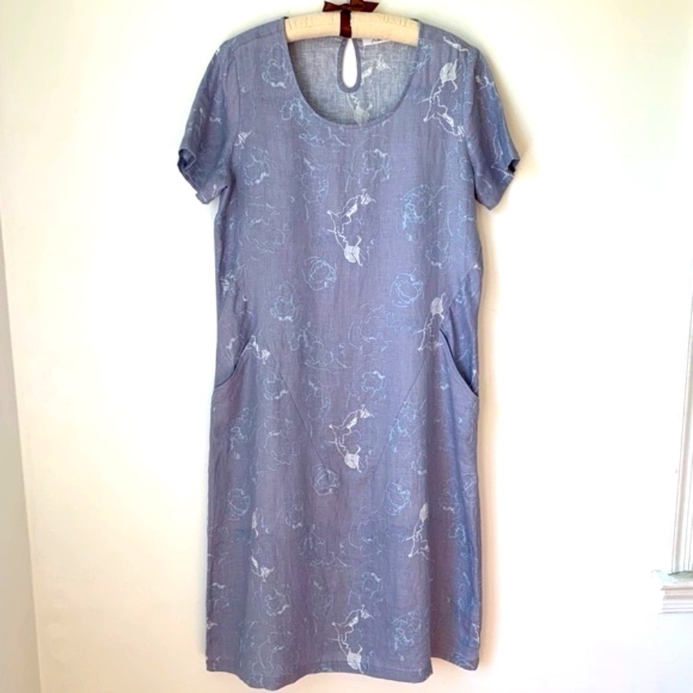 Adini Linen Batik Print Midi Dress with Pockets Medium Relaxed
